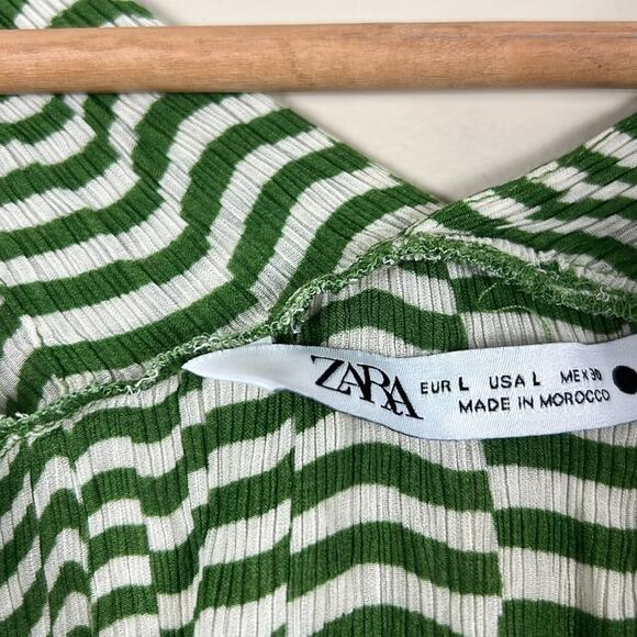 Zara Oversized Top Womens L Green Silk Wavy Stripe Coastal Beachy Mediterranean - Picture 7 of 8